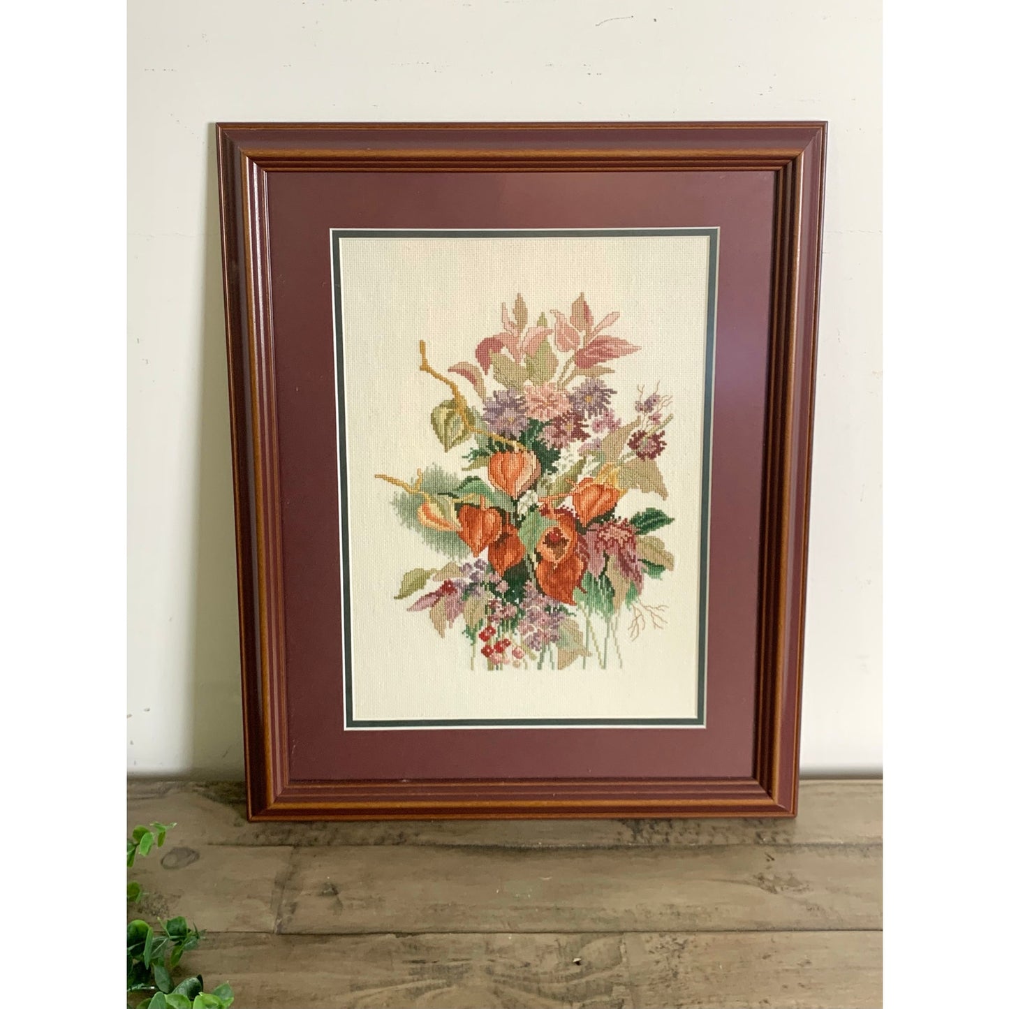 Vintage Framed Floral Needlepoint Hand Stitched Autumn Bouquet Wall Art