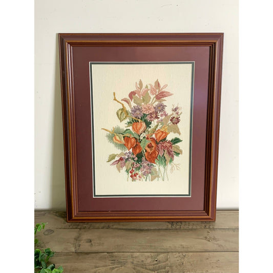 Vintage Framed Floral Needlepoint Hand Stitched Autumn Bouquet Wall Art