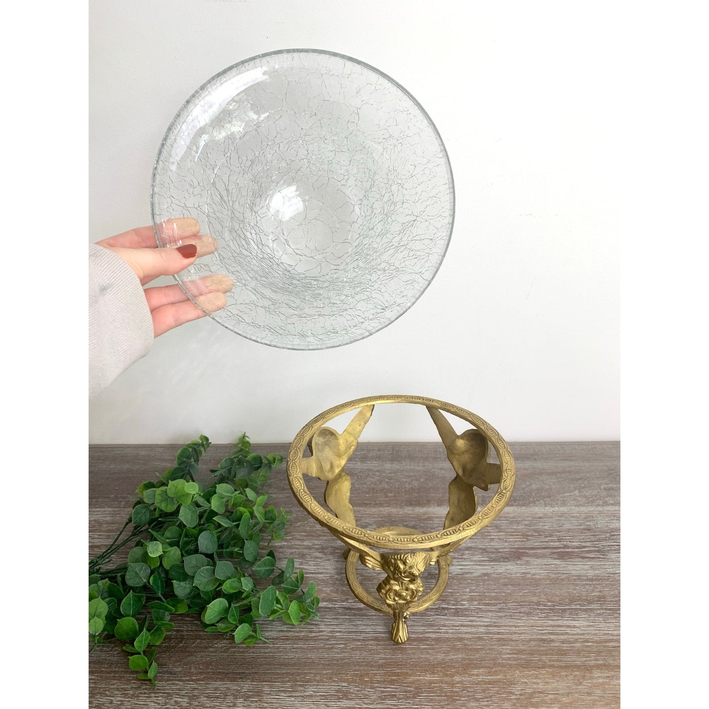 Vintage Brass Pedestal with Crackle Glass Bowl Angel Cherub Candle Votive Vase