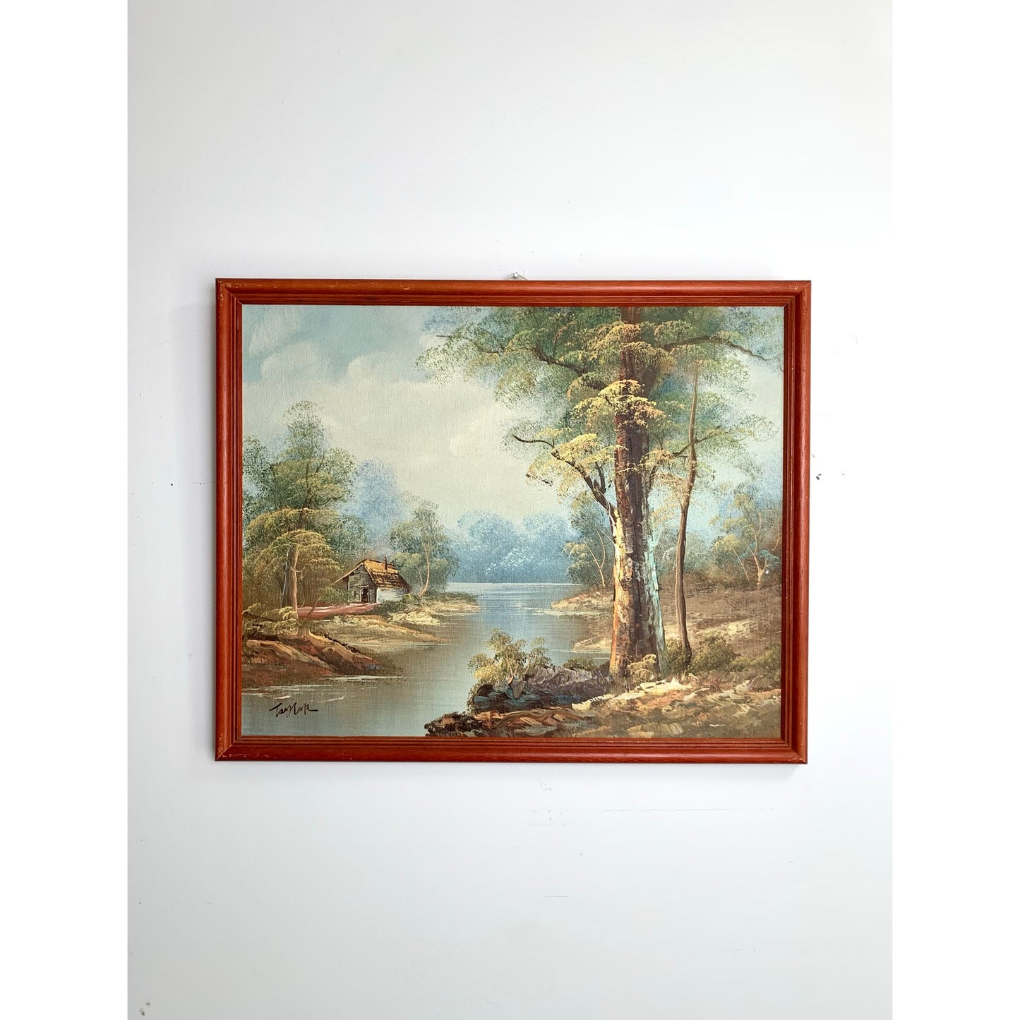 Vintage Riverside Landscape Oil Painting by Taylor Signed Framed Nature Scene