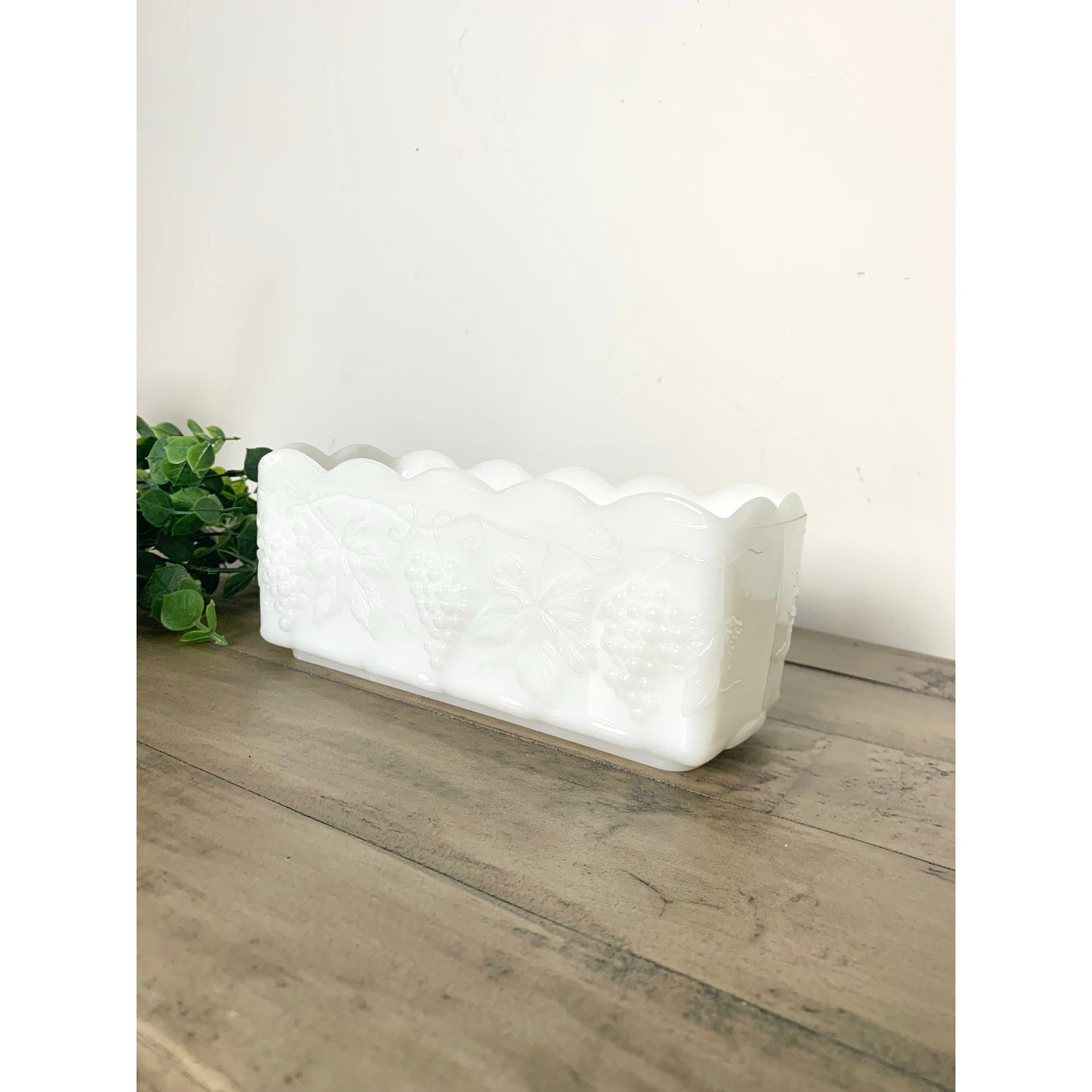 Vintage Anchor Hocking Fire King Milk Glass Grapevine Planter Scalloped RIm