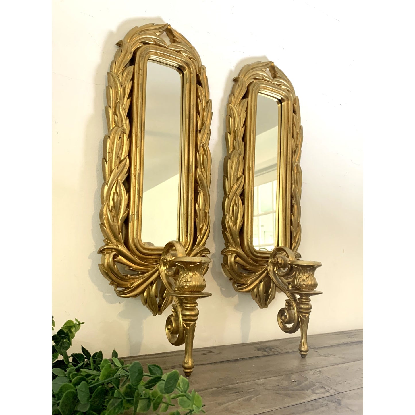 Vintage Burwood Gold Wall Mirror Sconces Ornate Hollywood Regency 1980 Glam Boho