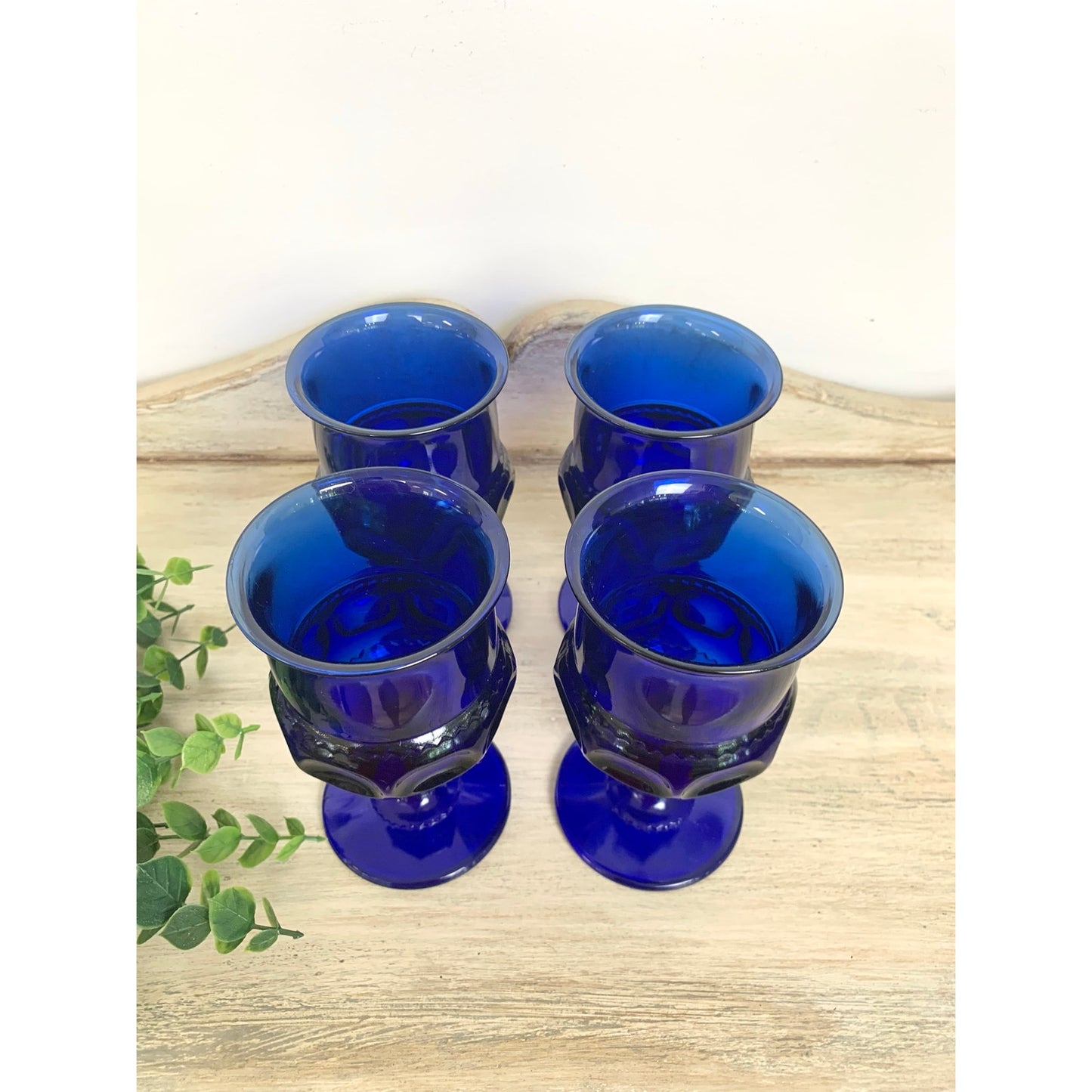Vintage Indiana Glass Kings Crown Cobalt Blue Goblets Set of 4 Wine Glasses Mid Century