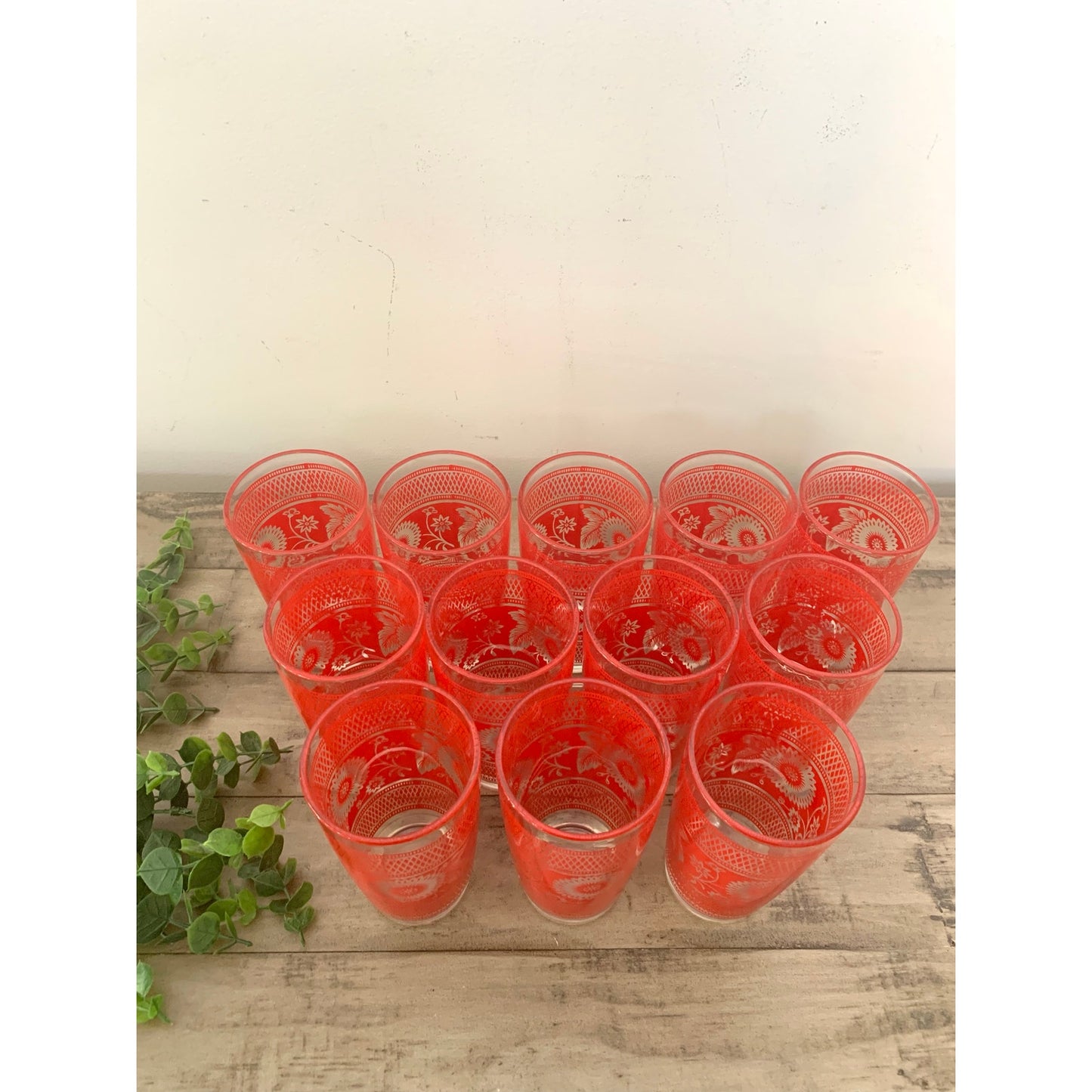 Vintage Mid Century Barware Glasses 12pc Retro Floral Red Drinkware Boho Cottage