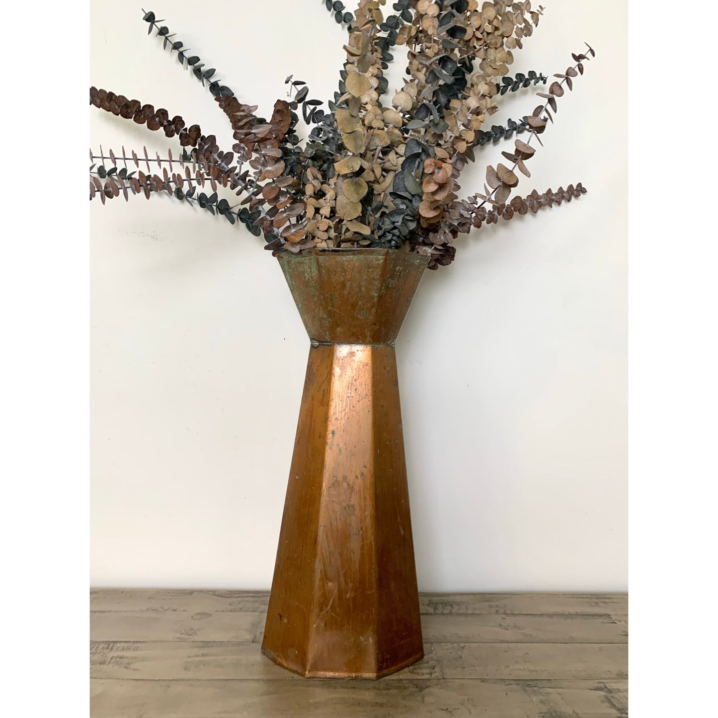 Vintage Copper Vase with Natural Verdigris Patina Large Statement Vessel Rustic