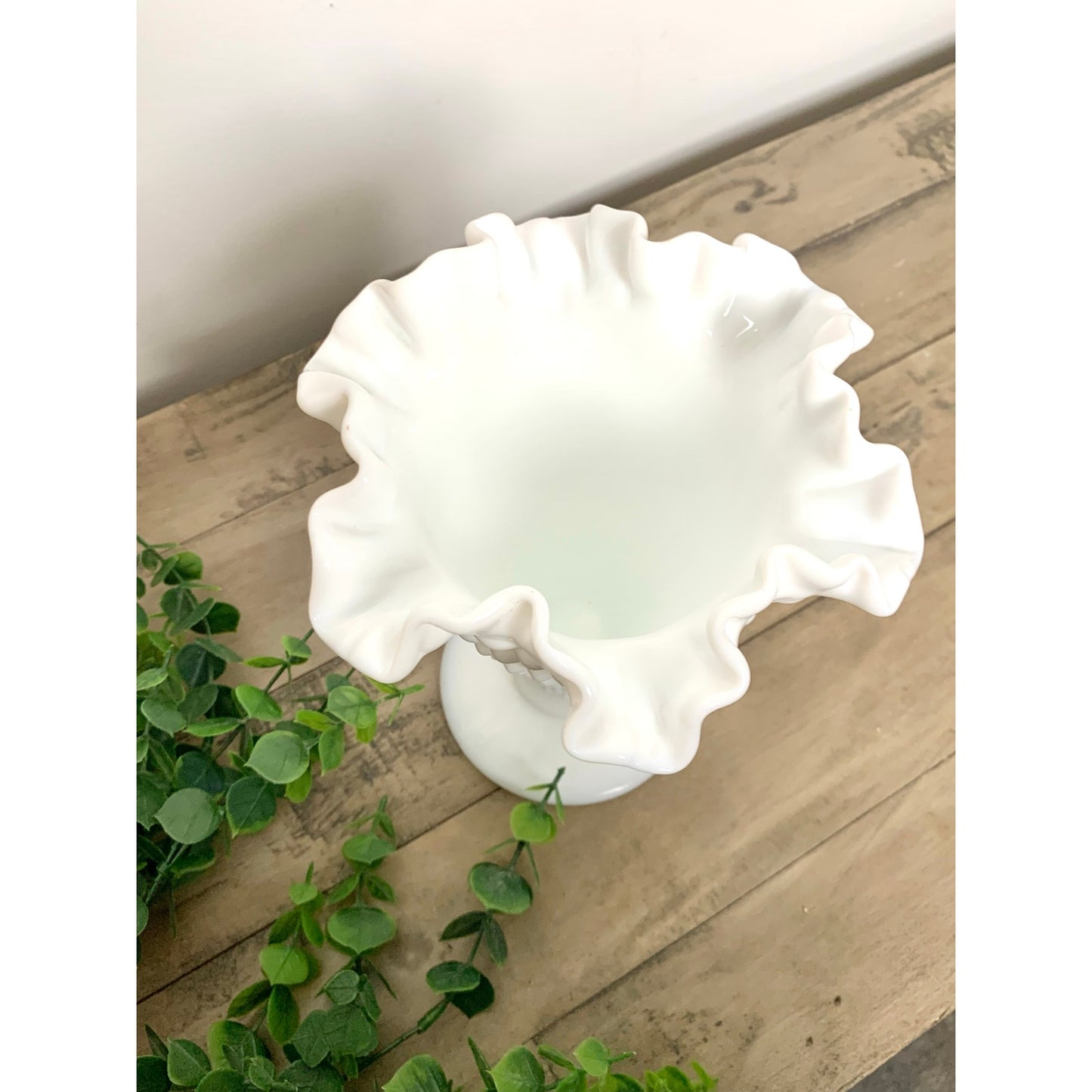 Vintage Fenton Hobnail Milk Glass Vase with Fluted Rim – White Pedestal Vase