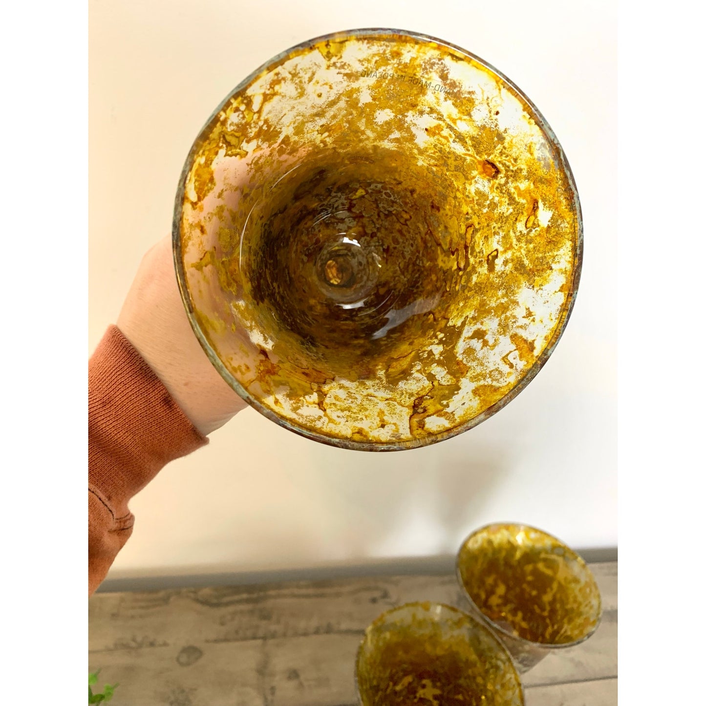 Neiman Marcus Red Moss Agate Goblets Set 3 Vintage Hand Blown Art Glass Poland