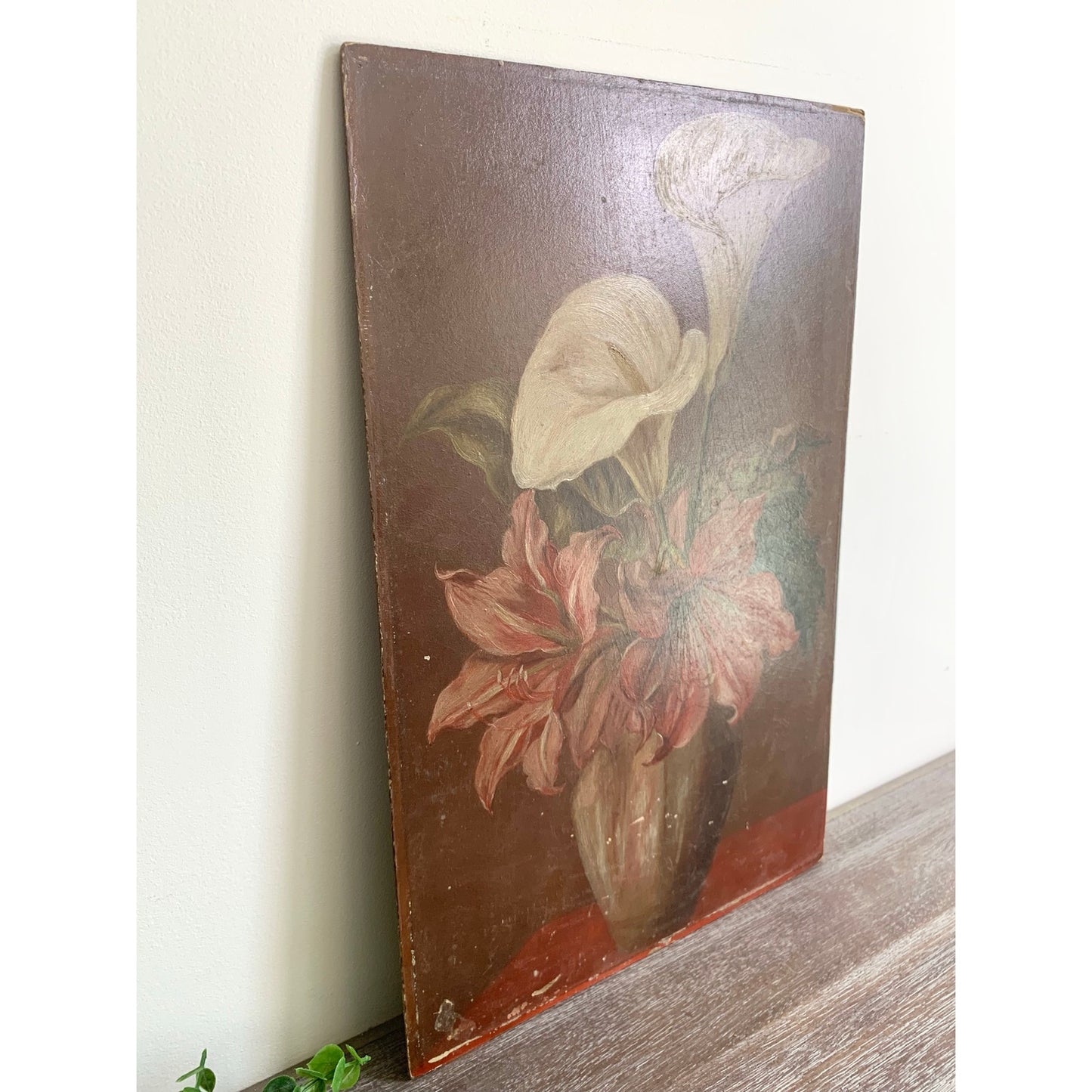 Antique Floral Still Life Oil Painting on Board – Red White Lilies 18” x 11.9” Vintage Art Romantic