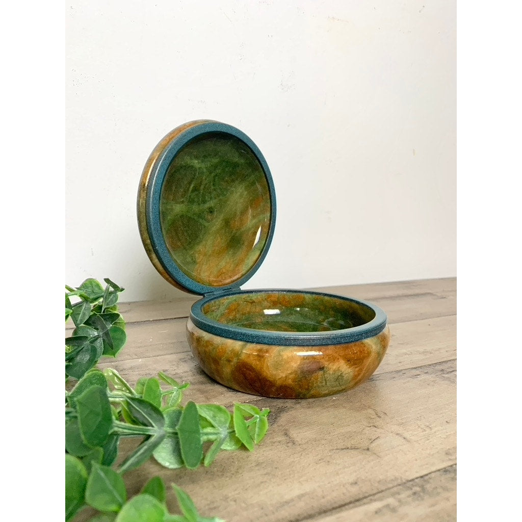 Vintage Alabaster Trinket Jewelry Box Hinged Earthy Green Brown Veining Stone