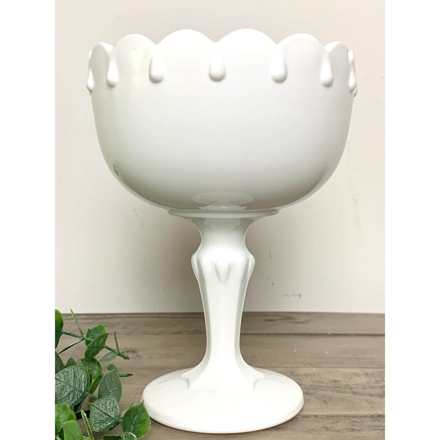 Vintage White Indiana Milk Glass Pedestal Compote Candy Dish Bowl Scalloped Rim