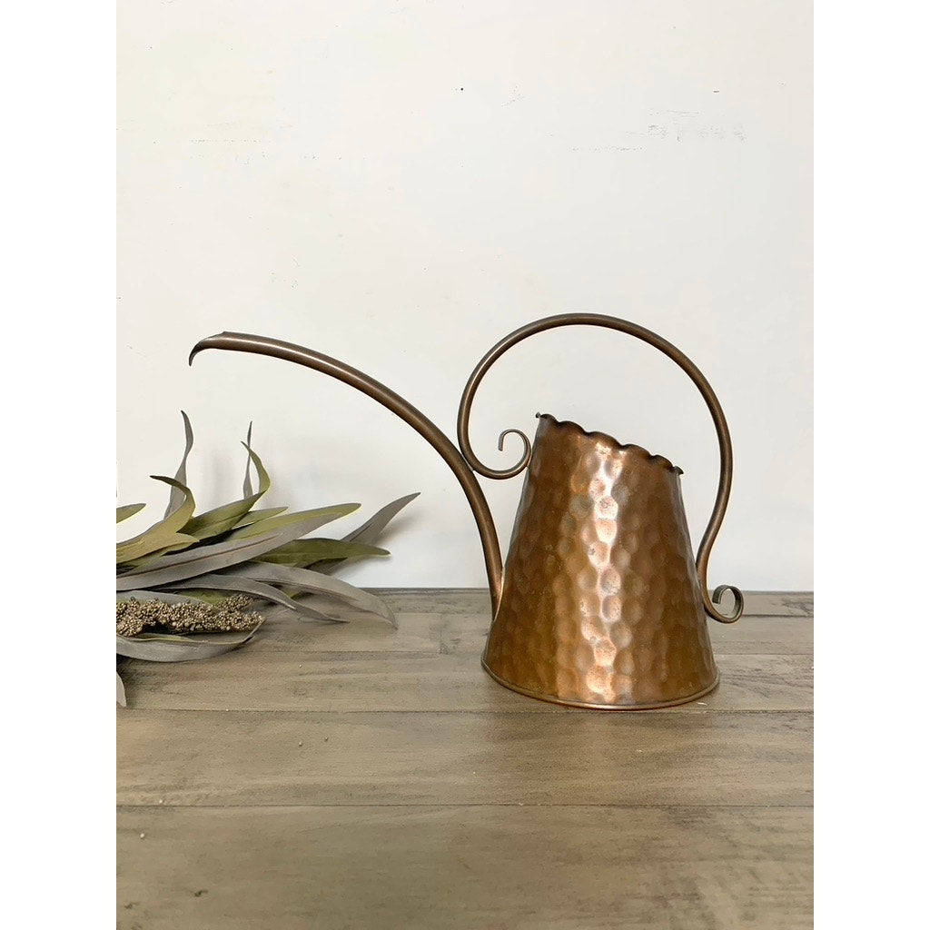 Vintage Hammered Copper Watering Can with Curved Handle and Long Spout Vase
