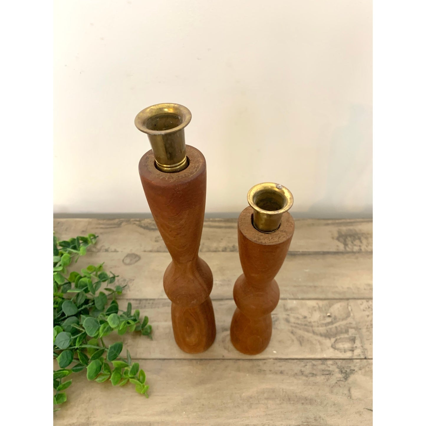Pair of Vintage Mid Century Modern Wood Candlesticks with Brass Holders Cottage