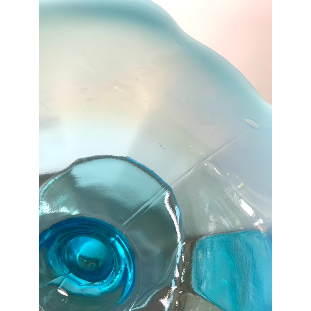 Vintage Dugan Opalescent Blue Glass Nappy Dish Aqua Pedestal Bowl Cottage Boho
