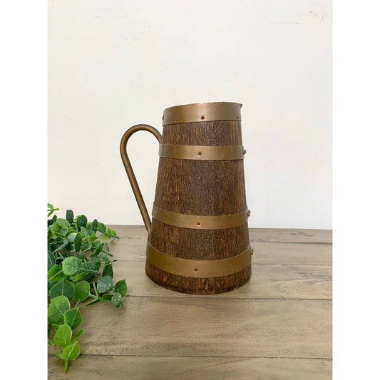 Antique Staved Wood Pitcher Copper Bands Handle Rustic Jug Vase Farmhouse