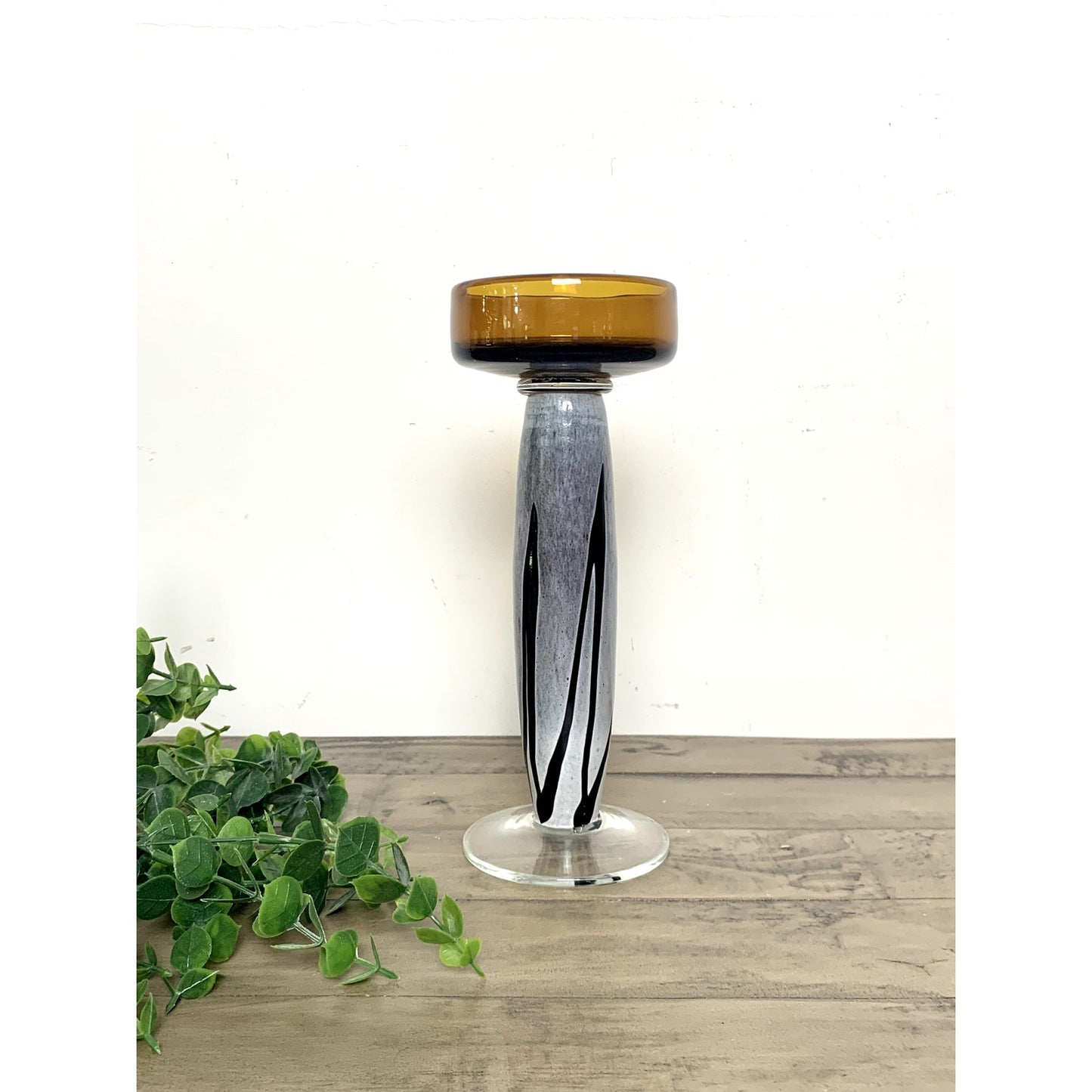 Vintage MCM Art Glass Candle Holder – Amber Glass Pedestal Pillar Candle Retro