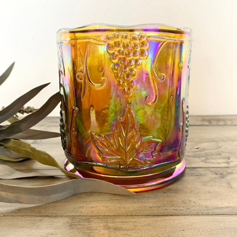 Vintage Iridescent Carnival Glass Votive Holder with Grape & Leaf Motif Marigold