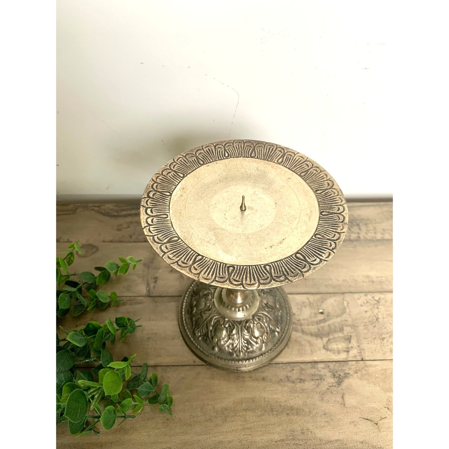 Vintage Ornate Metal Pedestal Candle Holder Pillar Stand with Floral Design