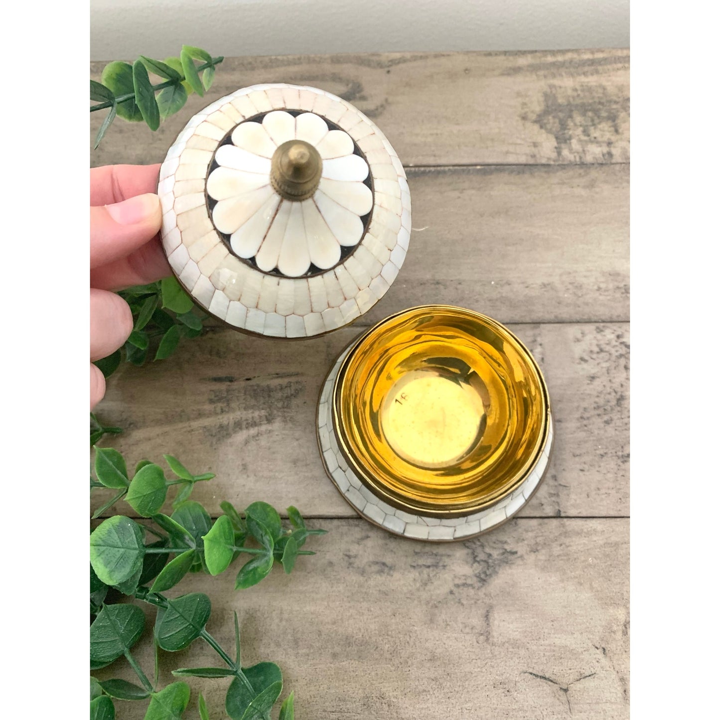 Vintage Inlaid Bone & Brass Domed Lidded Trinket Box Jewelry Storage Old Money