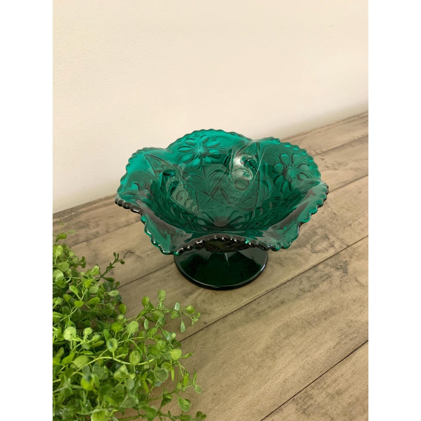 Vintage Green Imperial Glass Pedestal Compote Bowl Dish with Fluted Rim
