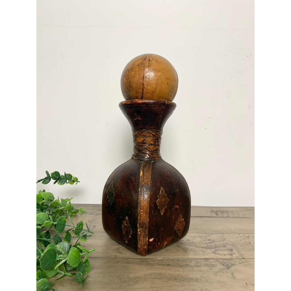Vintage Italian Leather Wrapped Square Decanter with Ball Stopper Old Money MCM