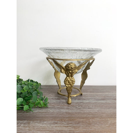 Vintage Brass Pedestal with Crackle Glass Bowl Angel Cherub Candle Votive Vase