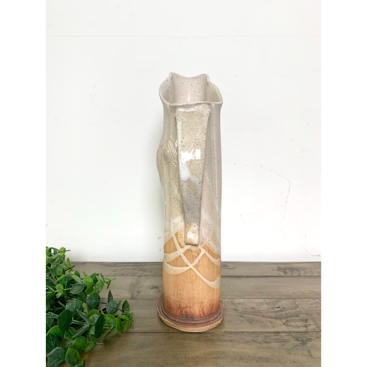 Handmade Artisan Pottery Pitcher Vase, Stoneware Rustic Neutral Glaze, 12.75" H