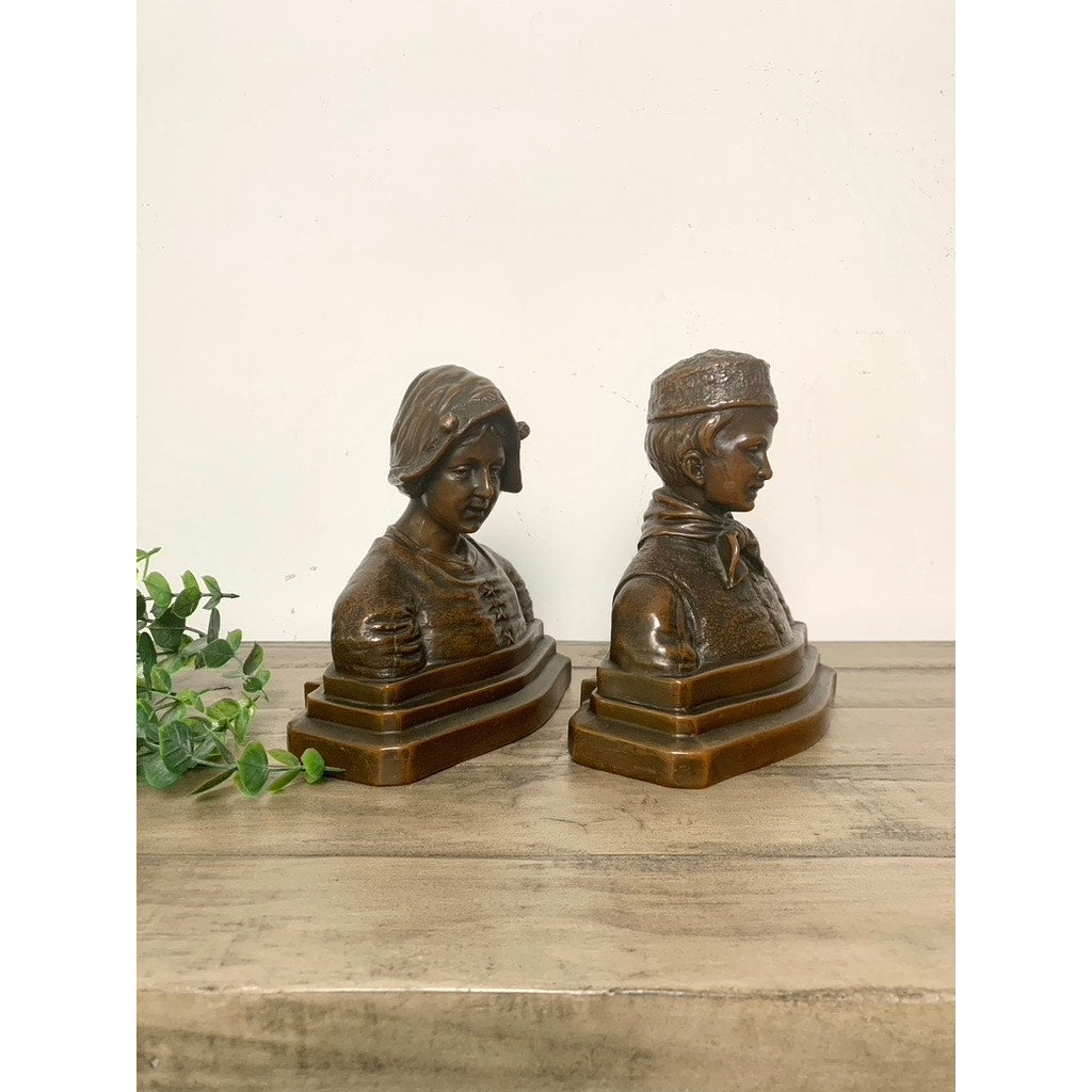 Antique Bronze Patina Dutch Couple Bookends – Folk Art Bust Pair