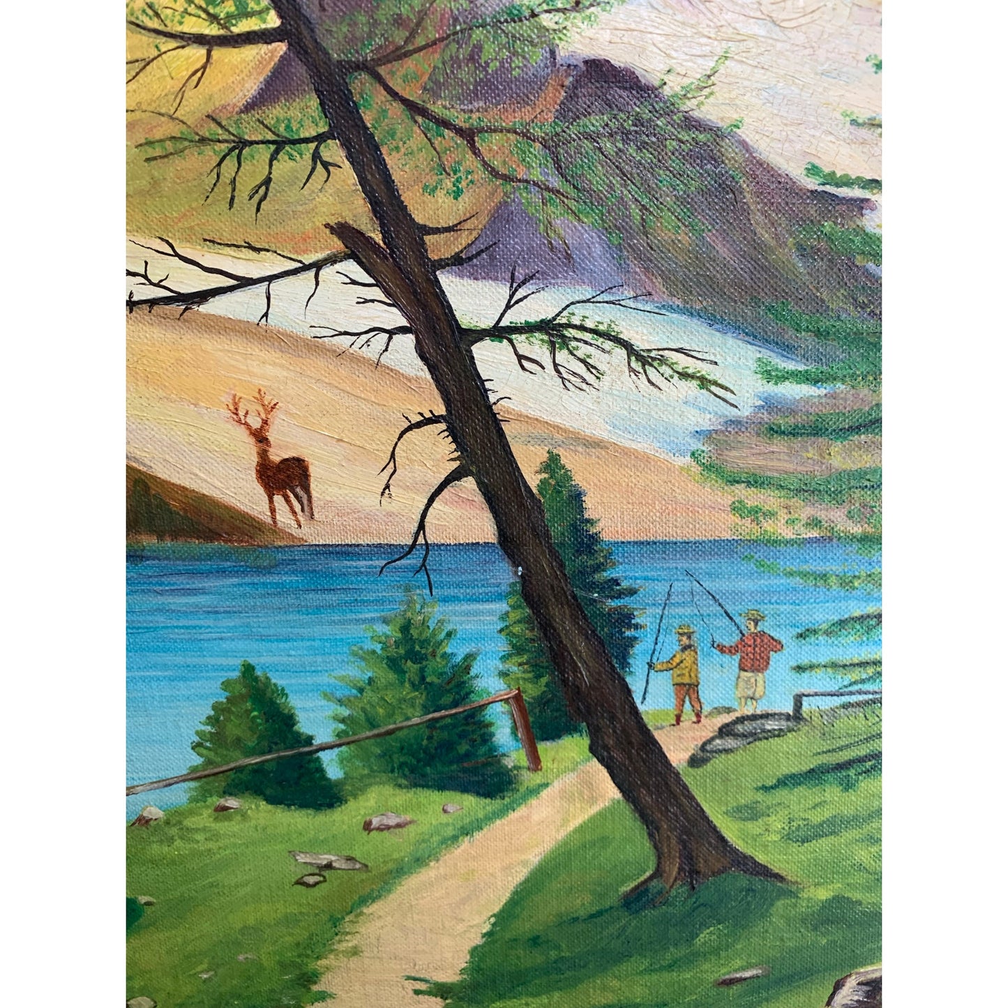 Vintage Alpine Landscape Oil Painting Signed Framed Mountain Lake Nature Cottage