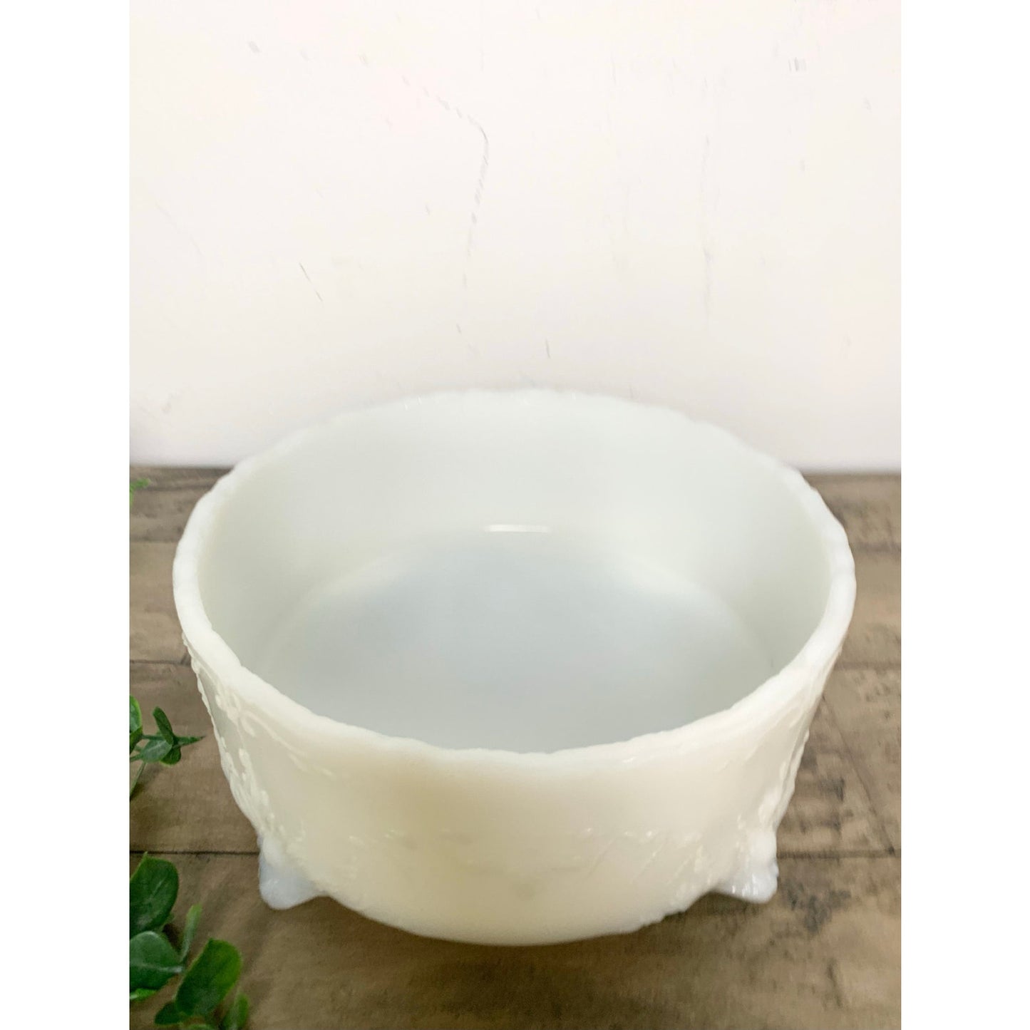 Vintage Milk Glass Footed Bowl Embossed White Centerpiece Dish Cottage Shabby