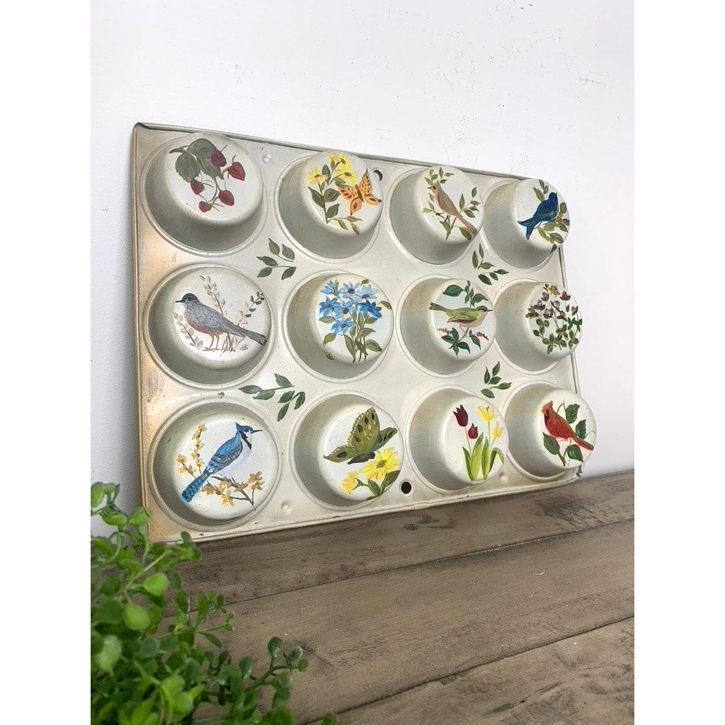 Vintage Hand Painted Cupcake Tin Wall Art, Signed 1977, Botanical and Bird Scenes