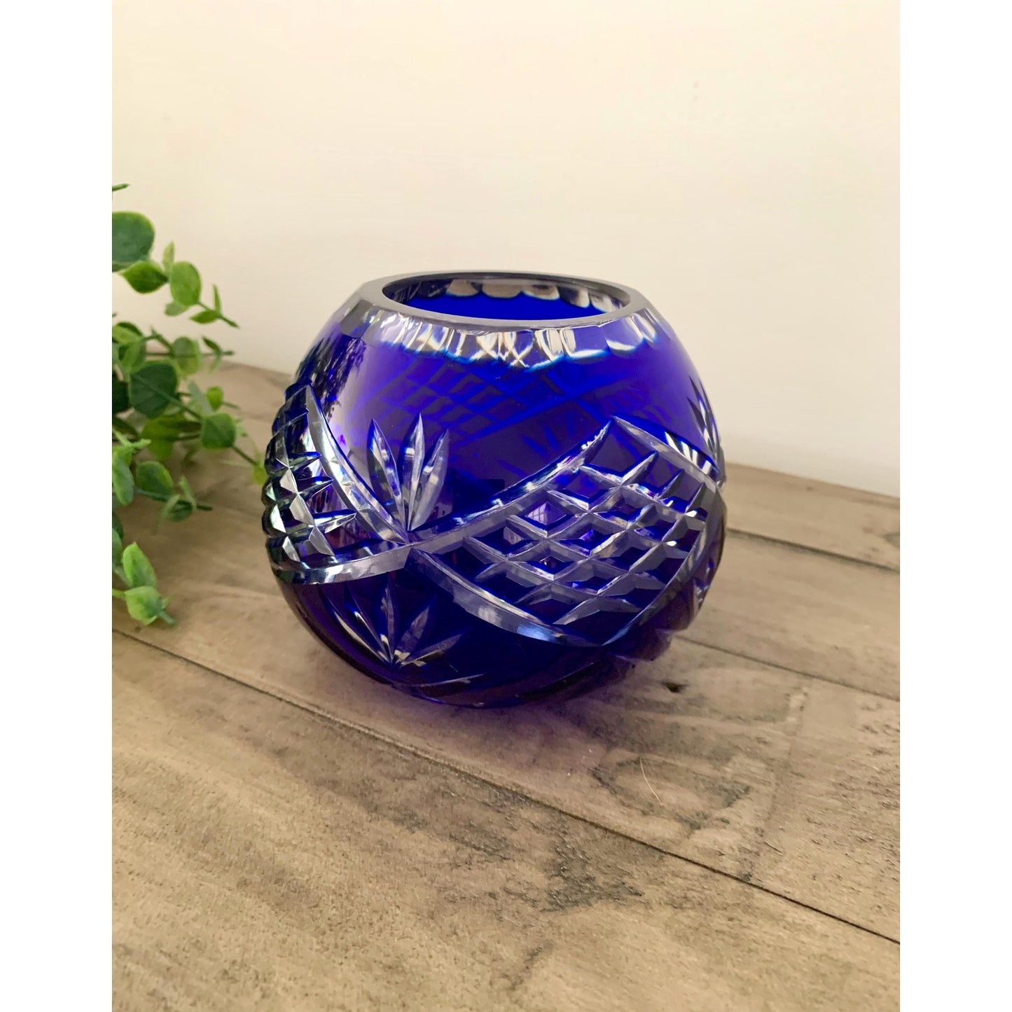 Vintage Cobalt Blue Cut to Clear Crystal Candle Votive Vase