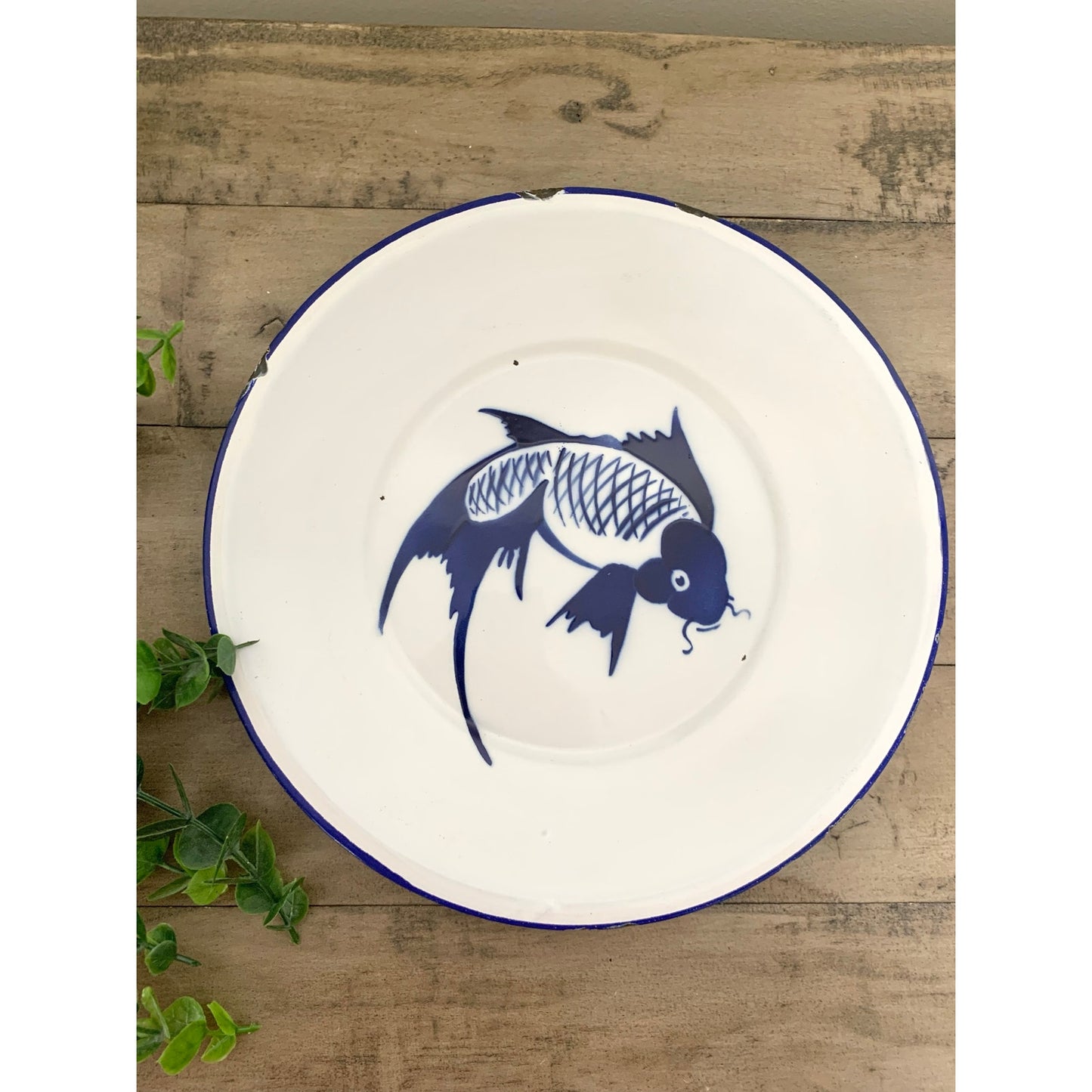 Vintage Butterfly Brand Enamelware Plate Blue Koi Fish Farmhouse Chinoiserie
