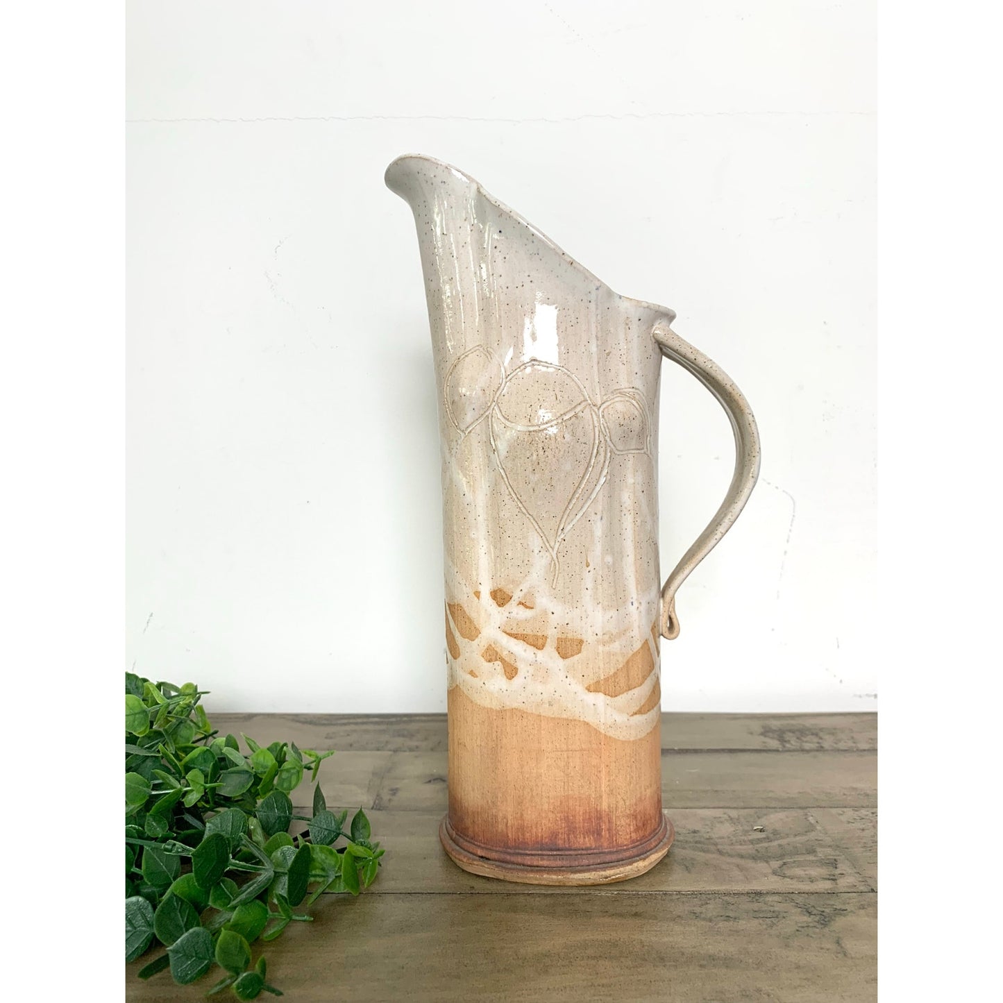 Handmade Artisan Pottery Pitcher Vase, Stoneware Rustic Neutral Glaze, 12.75" H