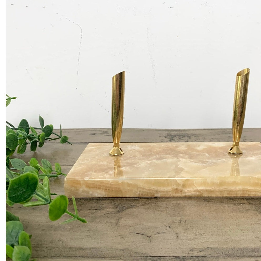 Vintage Onyx Stone Double Brass Pen Holder Desk Stand Office Old Money Academia