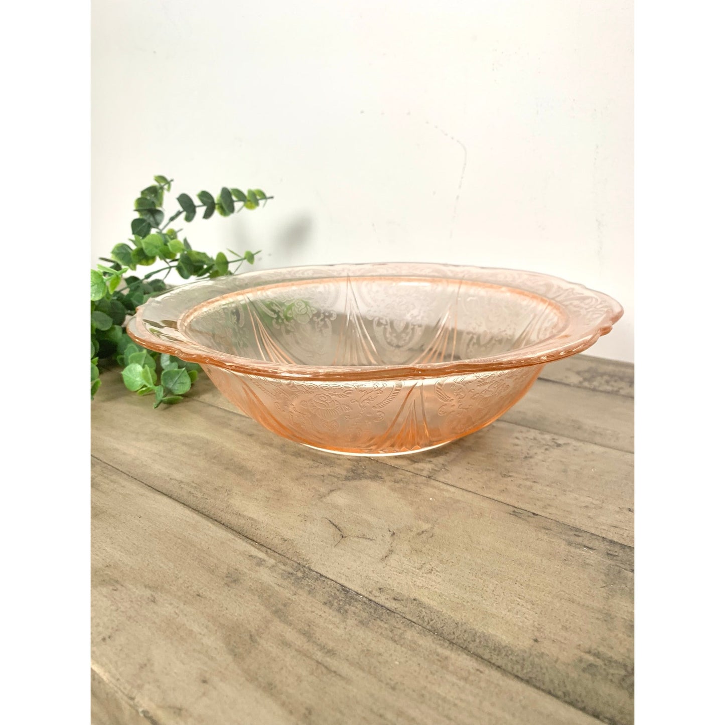 Depression Glass Vintage Pink Serving Bowl Floral Pressed Pattern Scalloped Rim