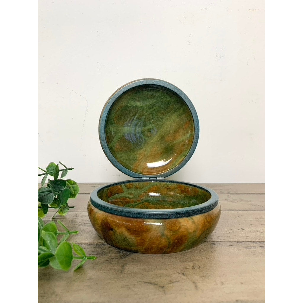 Vintage Alabaster Trinket Jewelry Box Hinged Earthy Green Brown Veining Stone