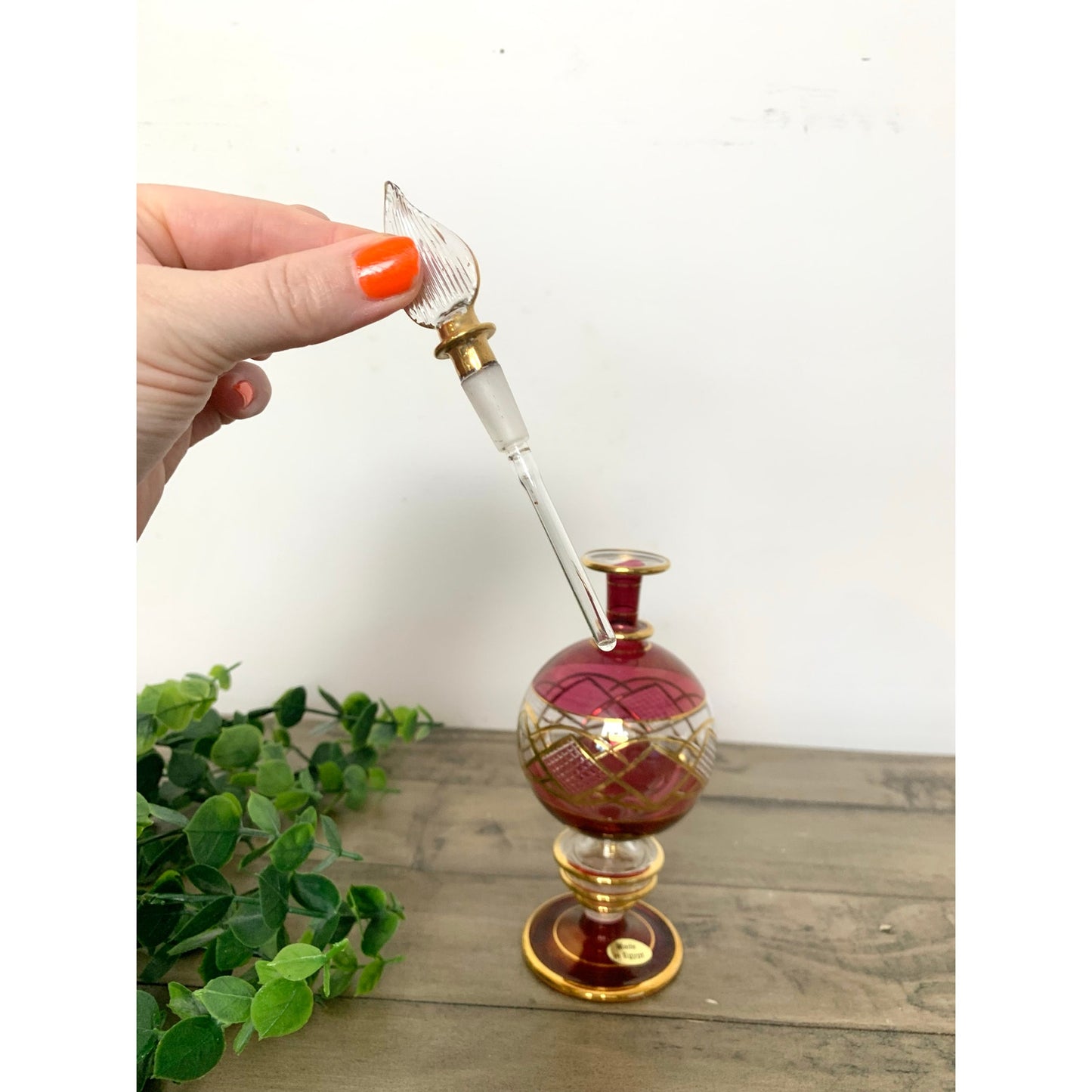 Vintage Egyptian Ruby Red Gold Hand Blown Glass Perfume Bottle Vanity Regency