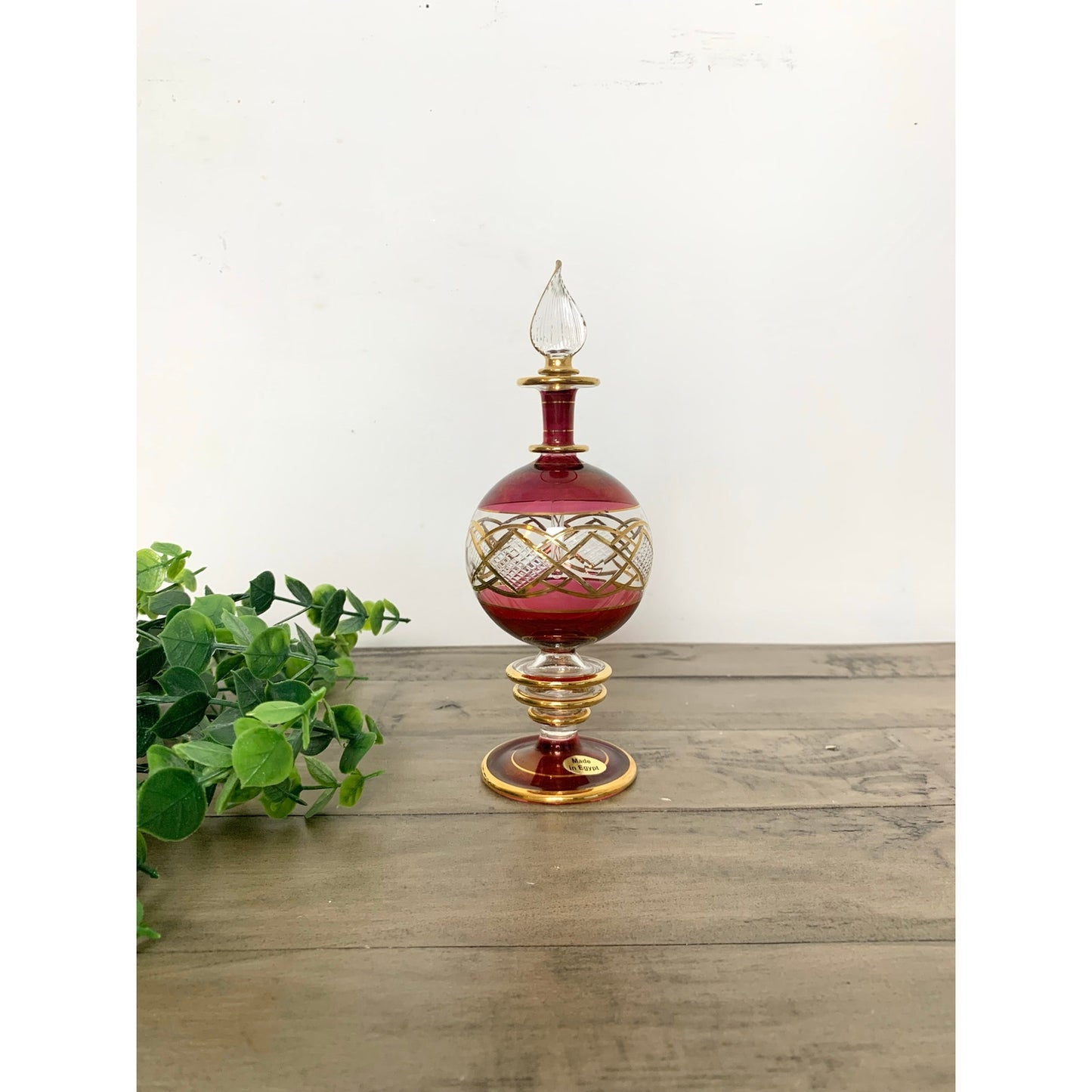 Vintage Egyptian Ruby Red Gold Hand Blown Glass Perfume Bottle Vanity Regency