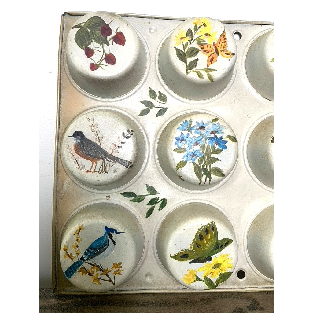 Vintage Hand Painted Cupcake Tin Wall Art, Signed 1977, Botanical and Bird Scenes