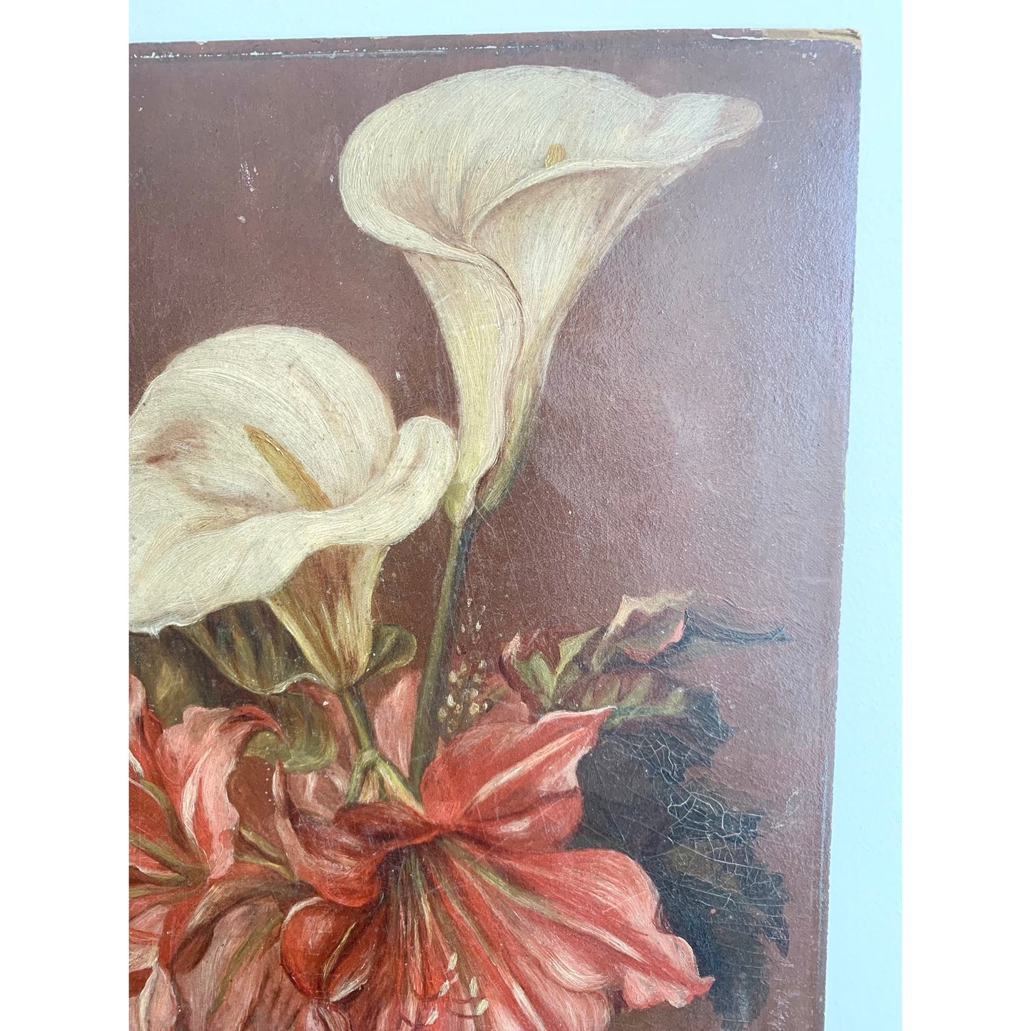 Antique Floral Still Life Oil Painting on Board – Red White Lilies 18” x 11.9” Vintage Art Romantic