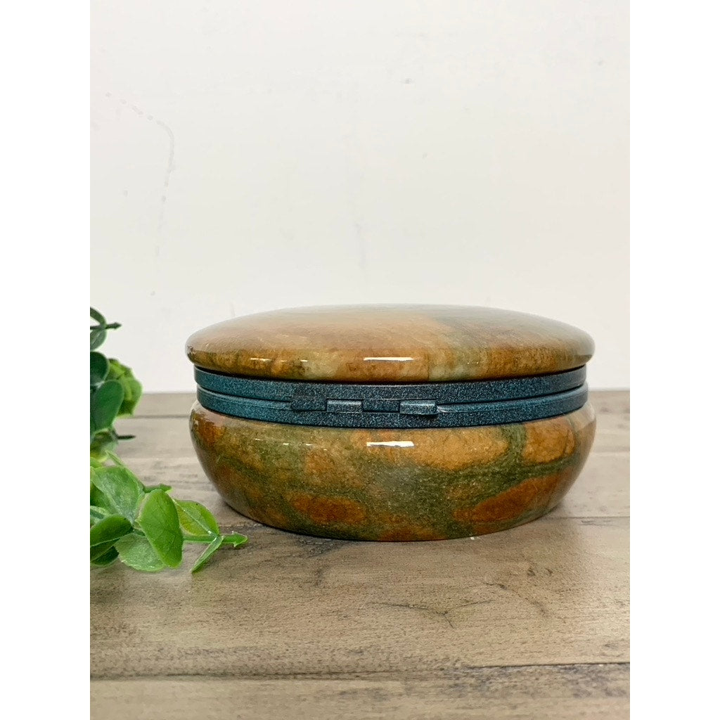 Vintage Alabaster Trinket Jewelry Box Hinged Earthy Green Brown Veining Stone