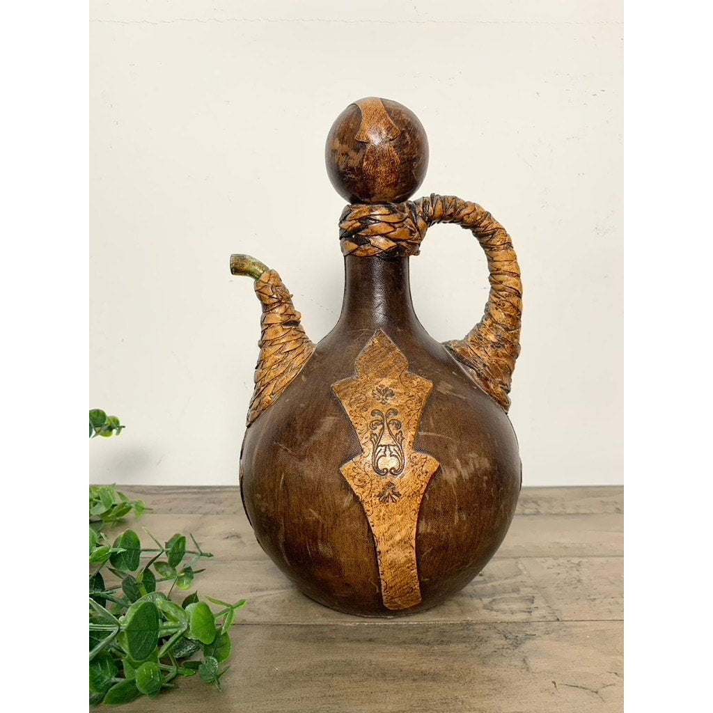 Vintage Italian Leather Lion Head Decanter Bottle Brass Ring Stopper Old Money