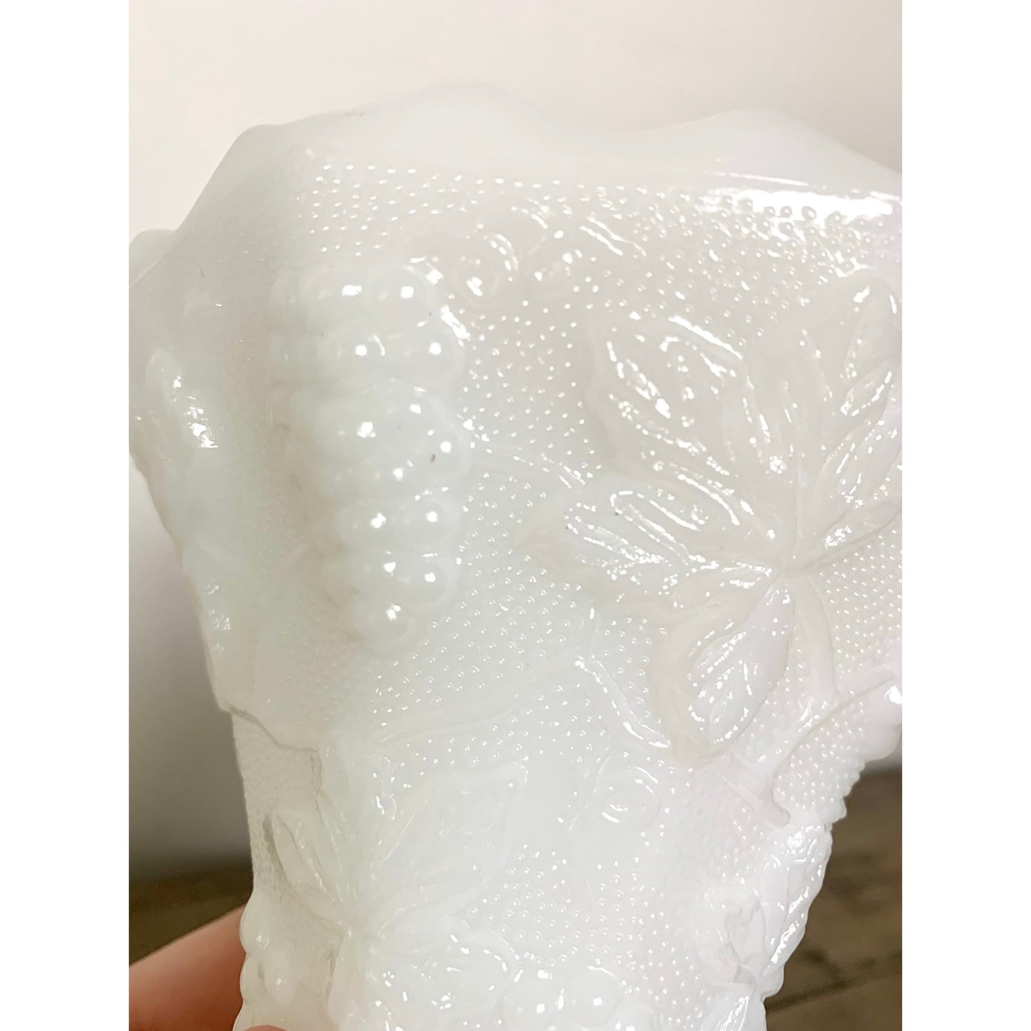 Anchor Hocking Vintage Pair White Milk Glass Grape Vine Pedestal Vases Cottage