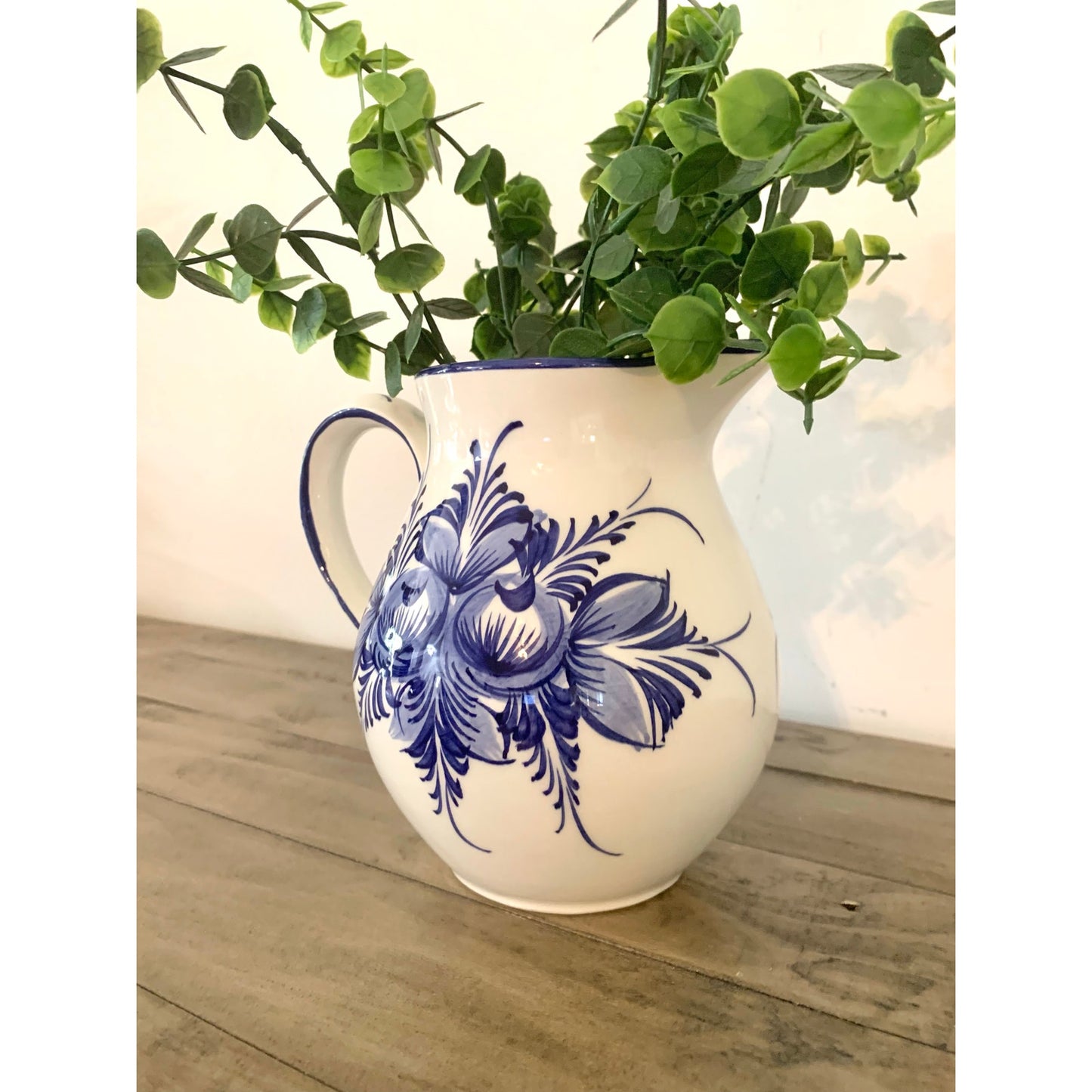 Vintage Blue & White Floral Pitcher Hand Painted Portugal Ceramic Vase Cottage