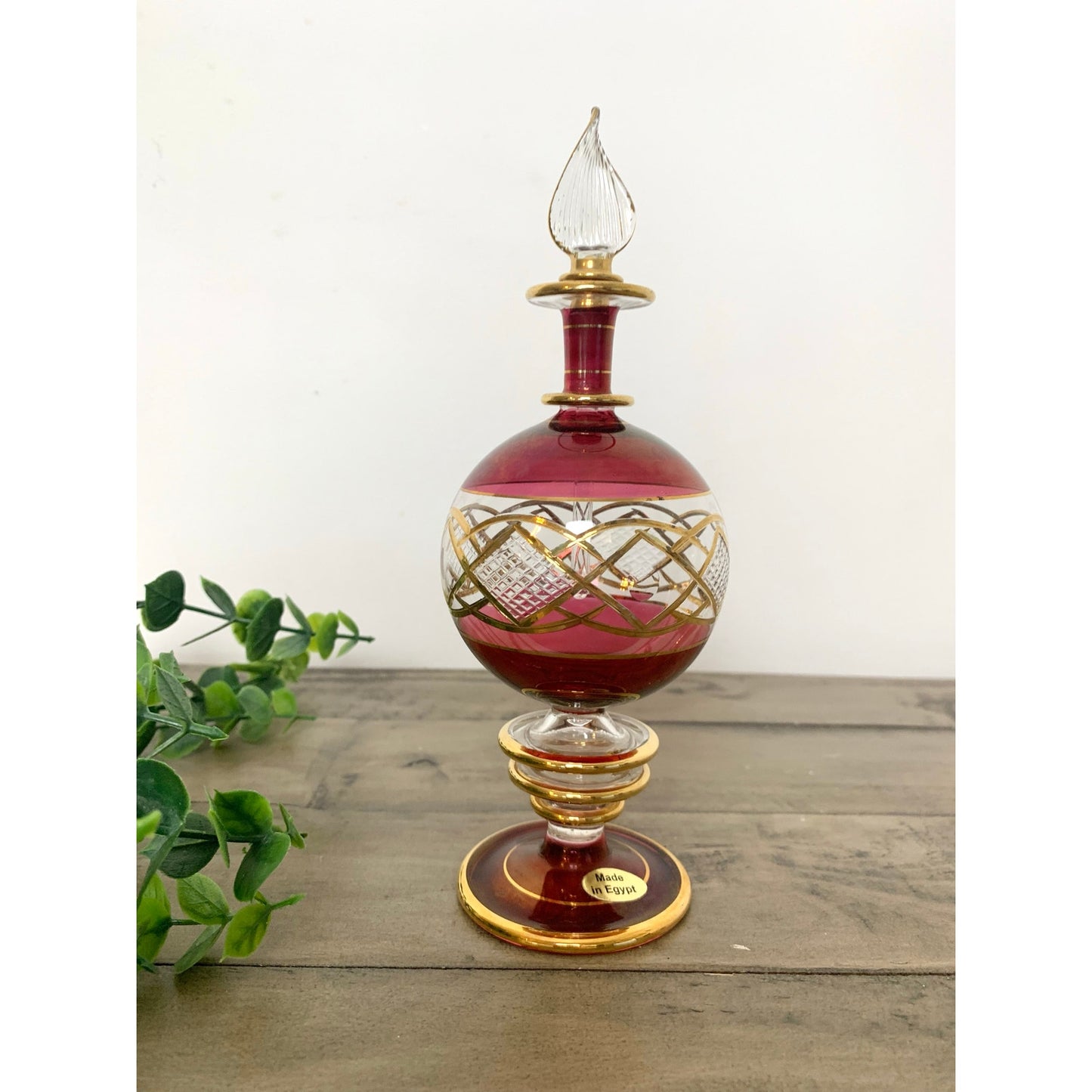 Vintage Egyptian Ruby Red Gold Hand Blown Glass Perfume Bottle Vanity Regency
