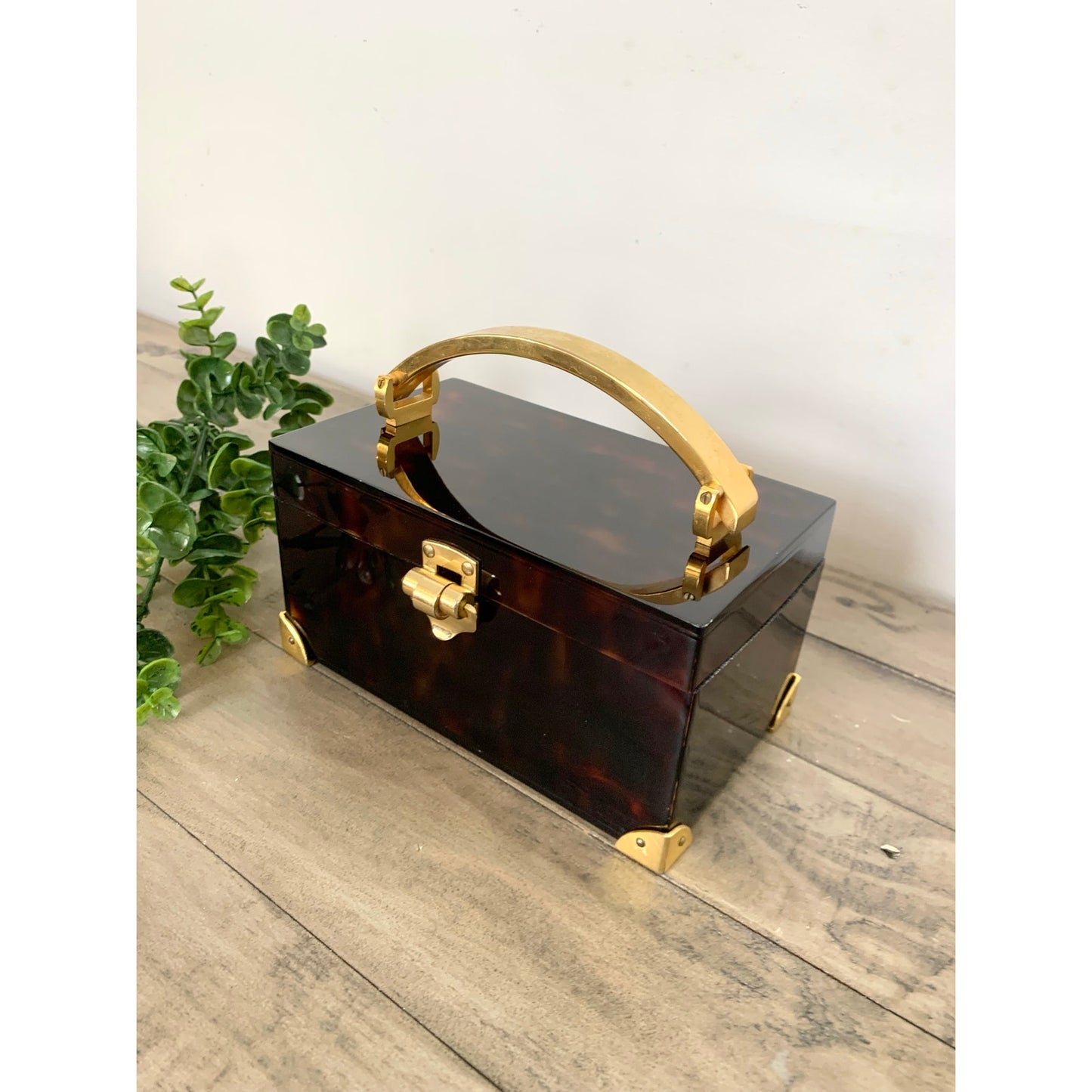 Vintage Saks Fifth Avenue Faux Tortoiseshell Lucite Box Brass Jewelry Storage