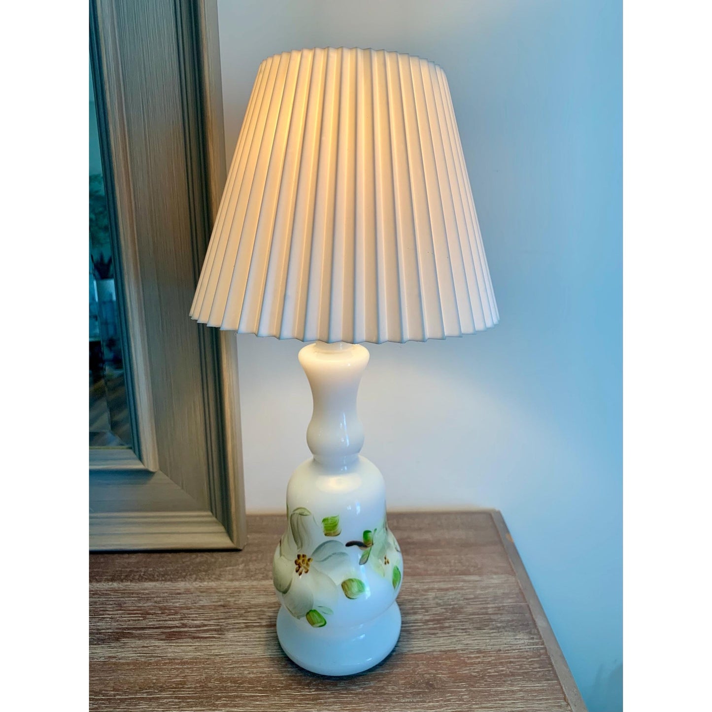 Vintage Hand-Painted Milk Glass Lamp with Pleated Shade