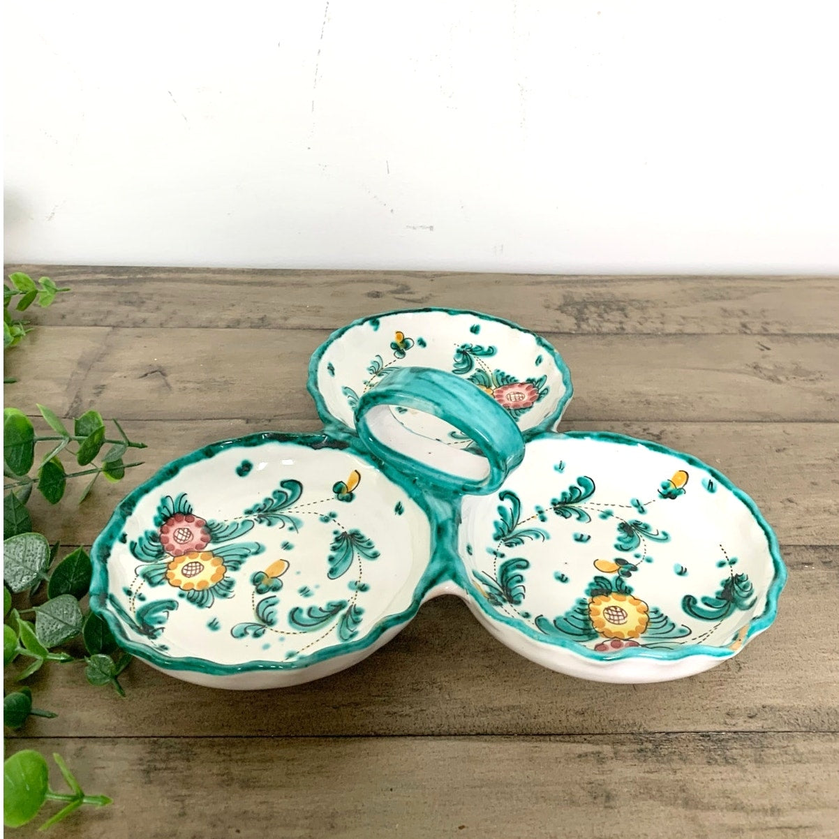 Vintage Hand Painted Italian Pottery Ceramic Serving Dish w Handle Signed Italy