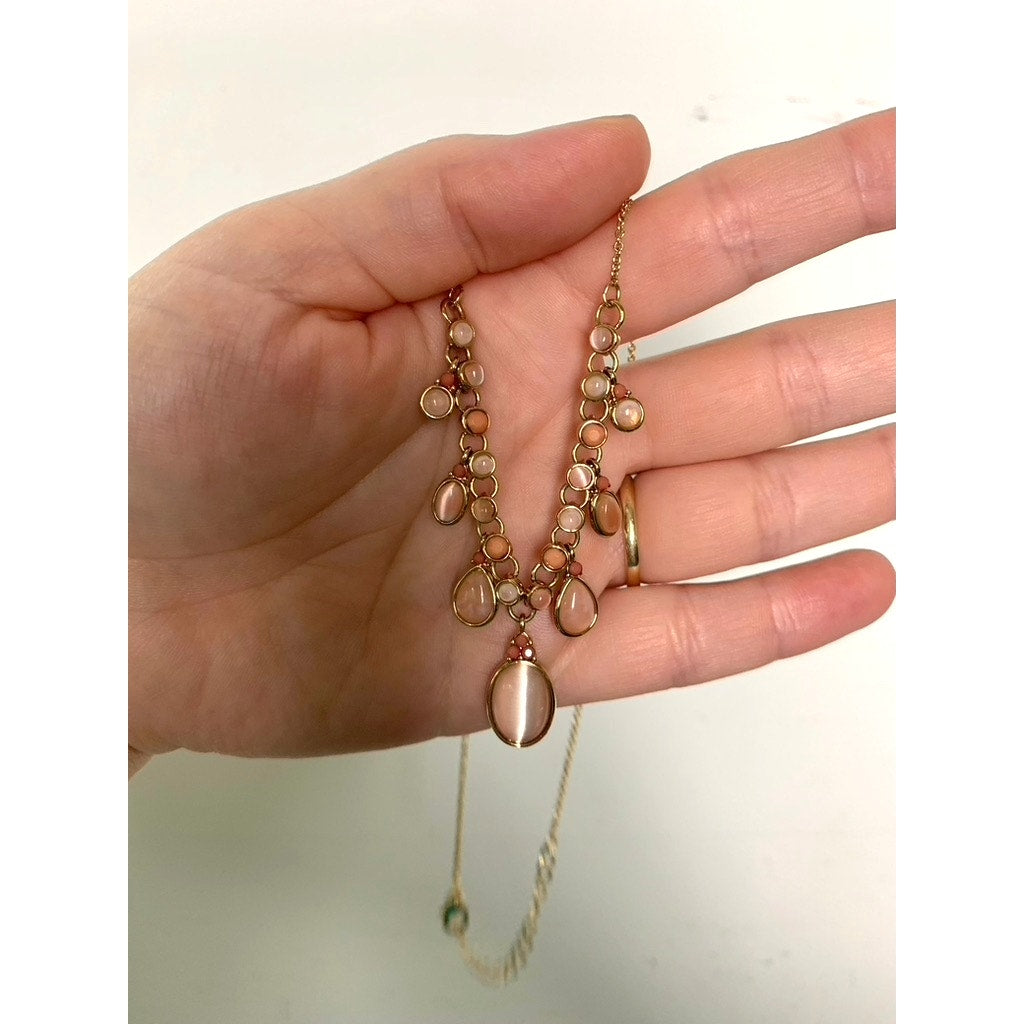 Goldtone Fashion Necklace Two-Tone Pink Stones Adjustable 16”–18.25” Feminine