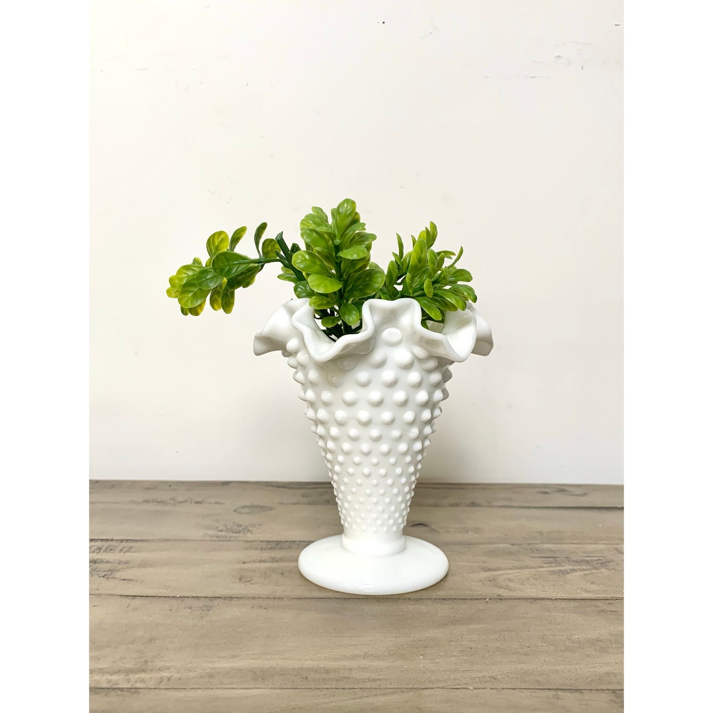 Vintage Fenton Hobnail Milk Glass Pedestal Vase with Fluted Rim Small White Vase